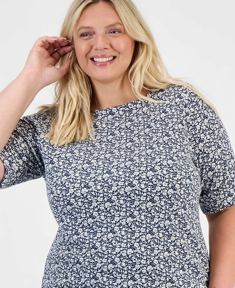 Style & Co Plus Printed Boat-Neck Elbow-Sleeve Top, Macy's Exclusive