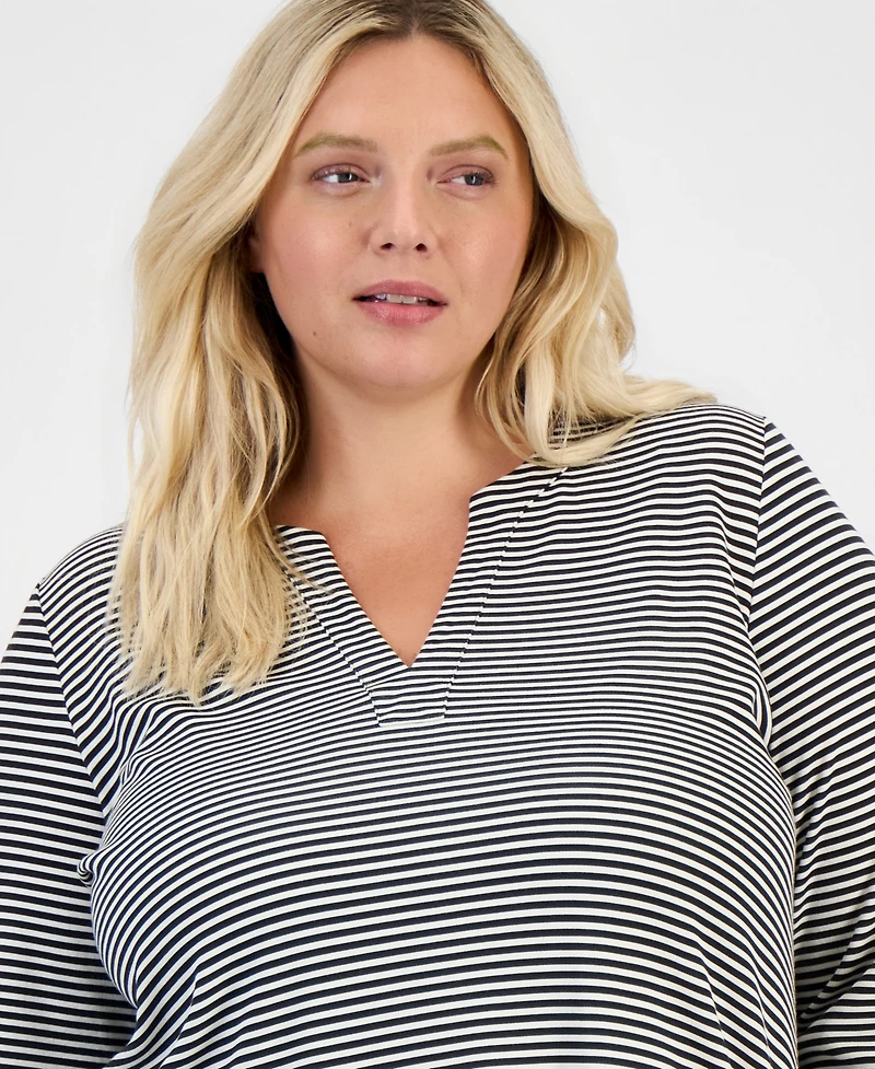 Style & Co Plus Feeder-Stripe 3/4-Sleeve Split-Neck Tunic, Macy's Exclusive