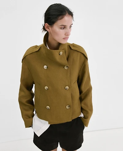 Mango Women's Funnel-Neck Linen Trench Coat
