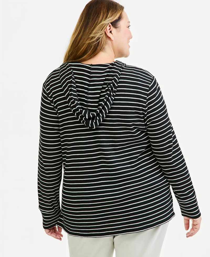 Style & Co Plus Waffle-Knit Striped V-Neck Hoodie, Macy's Exclusive