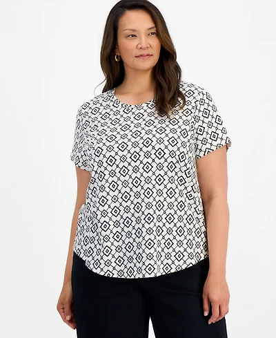 Style & Co Plus Perfect Ss Open Crew Neck Tee - Laurel Tile Geometric-Print Cotton-Blend T-Shirt, Macy's Exclusive