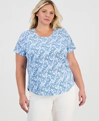 Style & Co Plus Patterson Flora Crewneck Curved-Hem T-Shirt, Macy's Exclusive