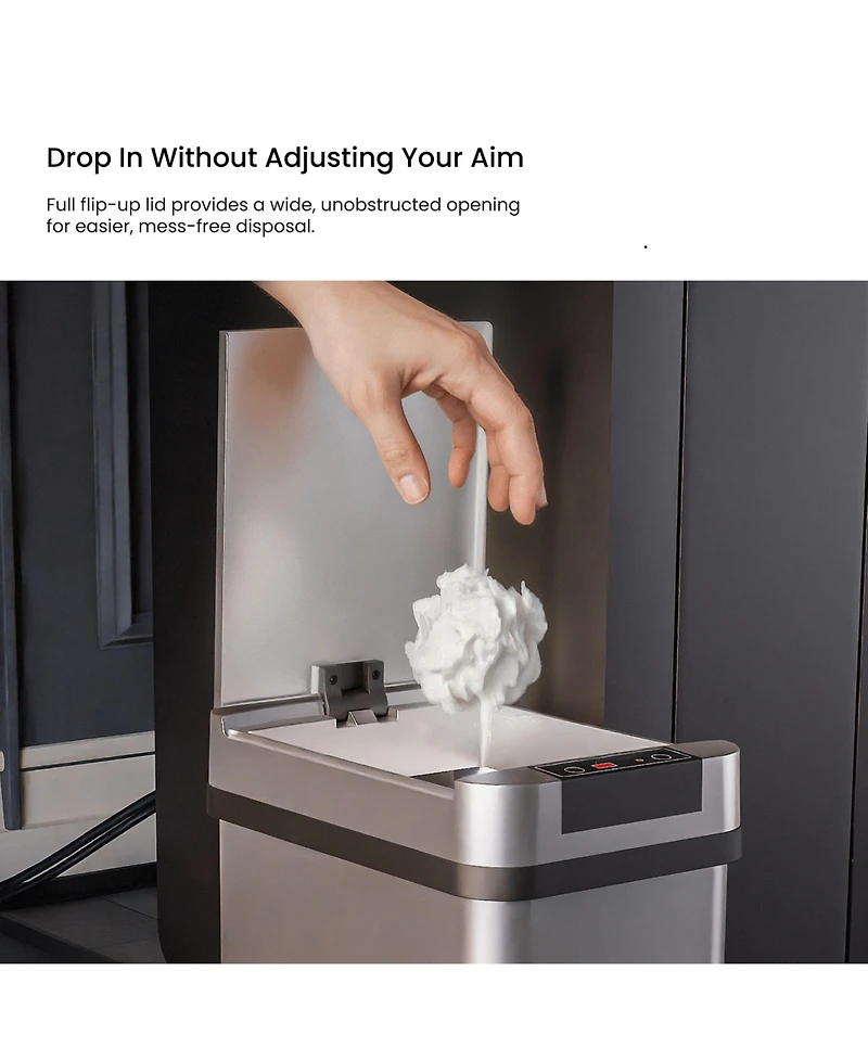 Home Zone Living 2 Gallon Slim Sensor Trash Can with Motion Sensor Lid and Touch Controls, Rectangular Stainless Steel, Silver