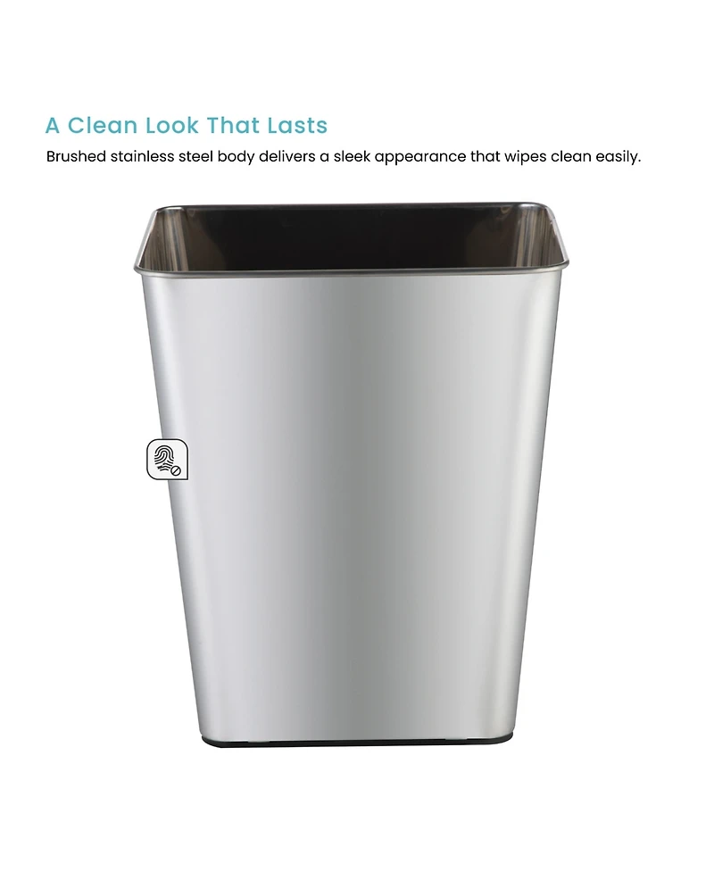 Home Zone Living 3 Gallon Rectangular Open Top Wastebasket, Stainless Steel, Matte Silver