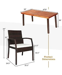 Gymax 7PCS Patio Rattan Dining Set Wooden Table Top Cushioned Chair Garden