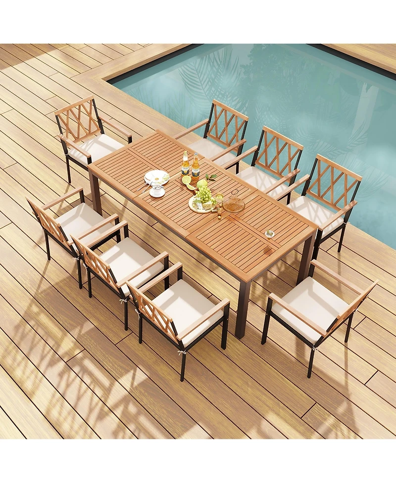 Gymax 9 Pcs Outdoor Dining Table and Chairs Set Table w/ Acacia Wood Top Umbrella Hole