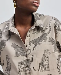 Reistor Women's Oversized Cropped Button-down Shirt Animal Print