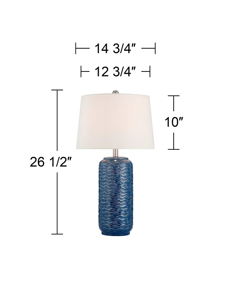 360 Lighting Waves Tall Modern Coastal 3-Way Table Lamps Set of 2 Blue Ceramic White Shade Living Room Bedroom Bedside