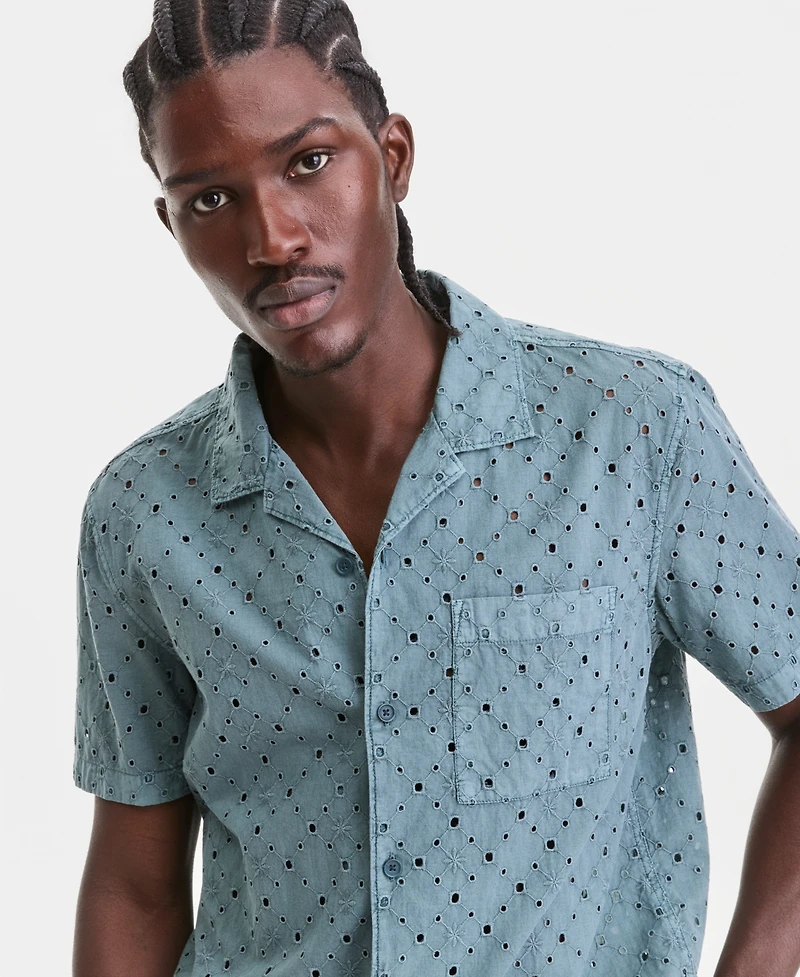 Sun + Stone Men's Cotton Eyelet Garment-Dyed Short-Sleeve Camp Shirt, Macy's Exclusive