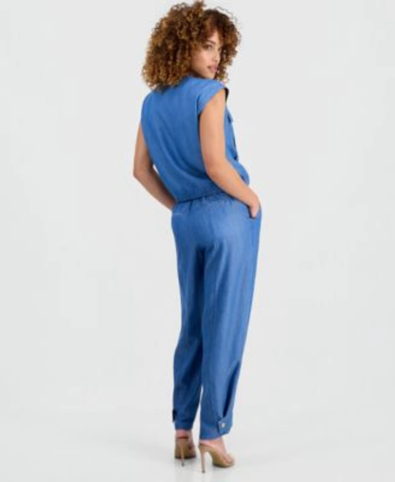 I.N.C. International Concepts Petite Chambray Drop Shoulder Top High Rise Belted Tapered Pants Macys Exclusive