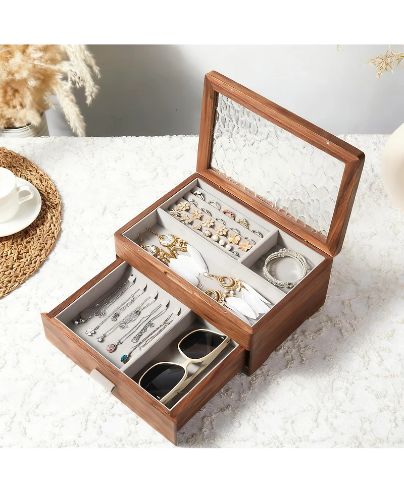 Yigii Solid Cherry Wood 2-Layer Jewelry Organizer with Glass Lid