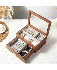 Yigii Solid Cherry Wood 2-Layer Jewelry Organizer with Glass Lid