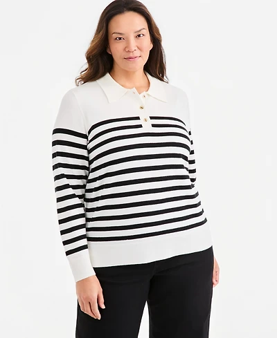 Style & Co Plus Striped Long-Sleeve Polo Sweater, Macy's Exclusive