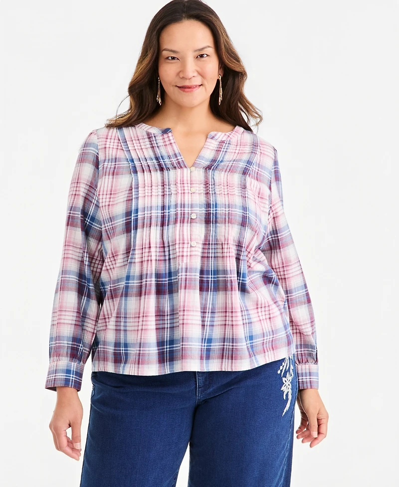 Style & Co Plus Plaid Pintuck Long-Sleeve Top, Macy's Exclusive