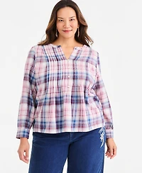 Style & Co Plus Plaid Pintuck Long-Sleeve Top, Macy's Exclusive
