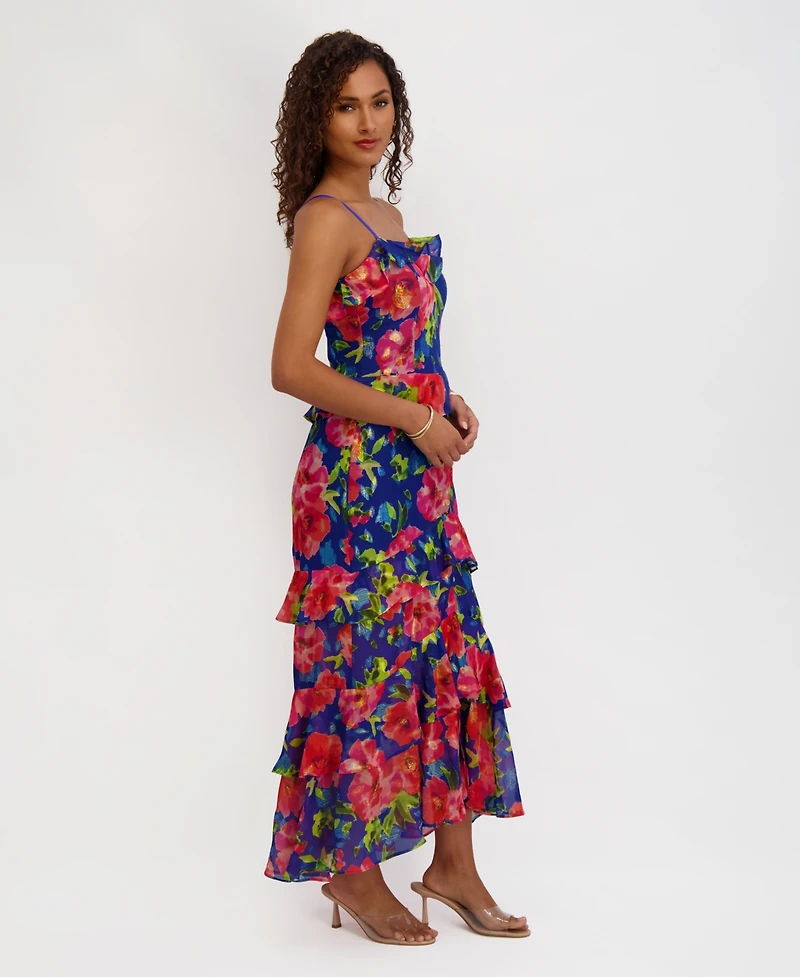 Siena Women's Printed Sweetheart Neck Ruffle Detail Maxi Dress