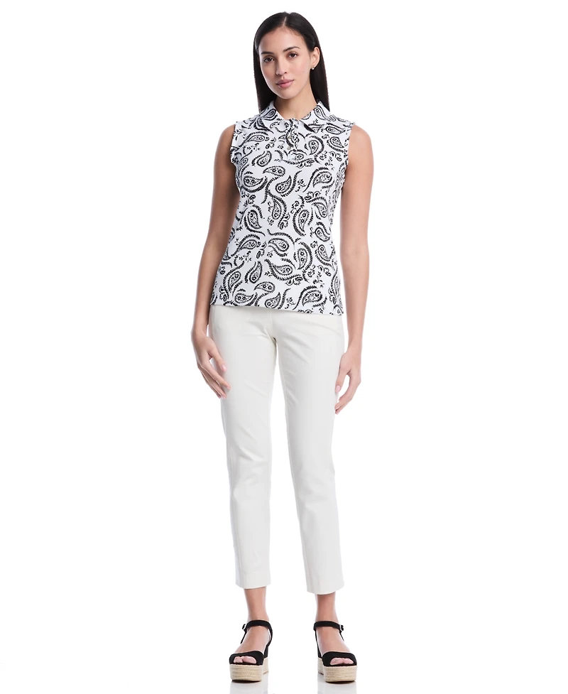 Rafaella Petite Paisley Print Ruffle Trim Sleeveless Polo Shirt