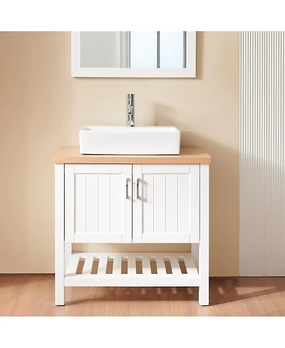 Sillysis Bathroom Vanity with Ceramic Sink, White Solid Wood and Mdf, Open Shelf and Cabinet, Above Counter Sink for Modern Bathrooms