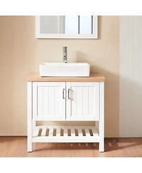 Sillysis Bathroom Vanity with Ceramic Sink, White Solid Wood and Mdf, Open Shelf and Cabinet, Above Counter Sink for Modern Bathrooms