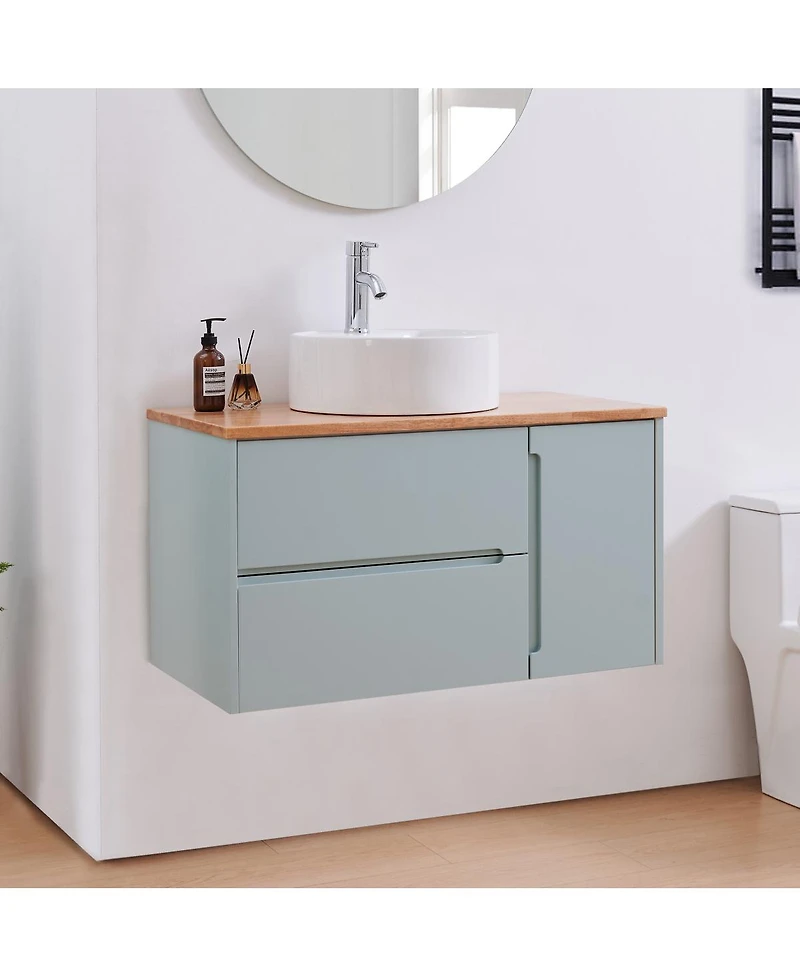 Sillysis Wall Mounted Vanity with Solid Wood Top, Double Drawers and Single Door, Round Ceramic Sink, Modern Minimalist Design