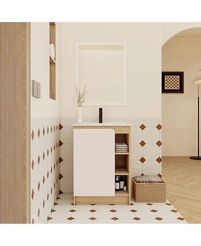 Sillysis Freestanding Bathroom Vanity with Ceramic Sink, 4-Tier Open Shelves, Dual-Color Door Panels for Small Bathrooms