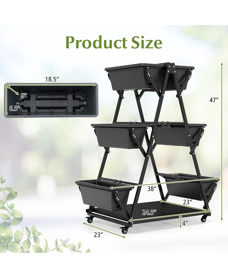 Slickblue 3-Tier Vertical Raised Garden Bed with 4 Wheels and 6 Container Boxes-Black