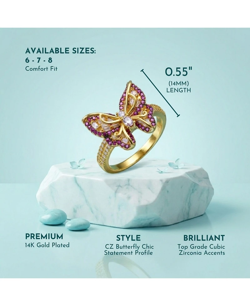 Ra Young Adults/Teens 14k Yellow Gold Plated with Purple & Cubic Zirconia Butterfly Split Top Ring