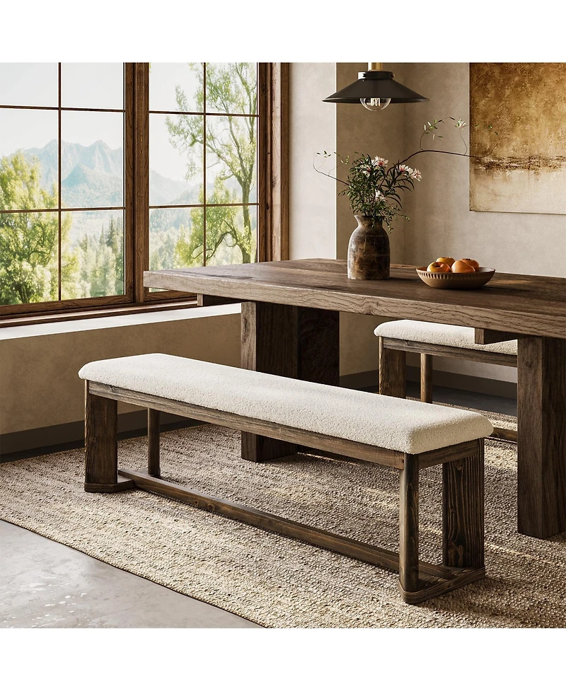 Tribesigns 63" Solid Wood Dining Bench, Upholstered Farmhouse Dining Bench with Faux Lamb Fur Seat,Kitchen Table Bench with Antique Brown Legs