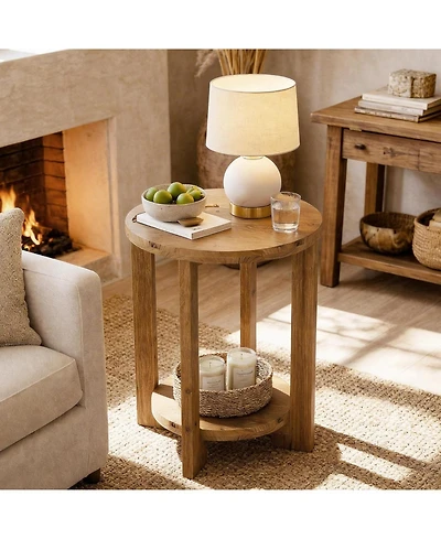 Tribesigns Solid Wood Round End Table, Accent Bed Side Table with Storage Shelf, 2-Tier Circle Wood Nightstand