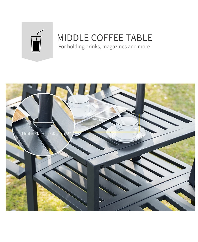 Outsunny Metal Garden Bench with Center Table and Umbrella Hole