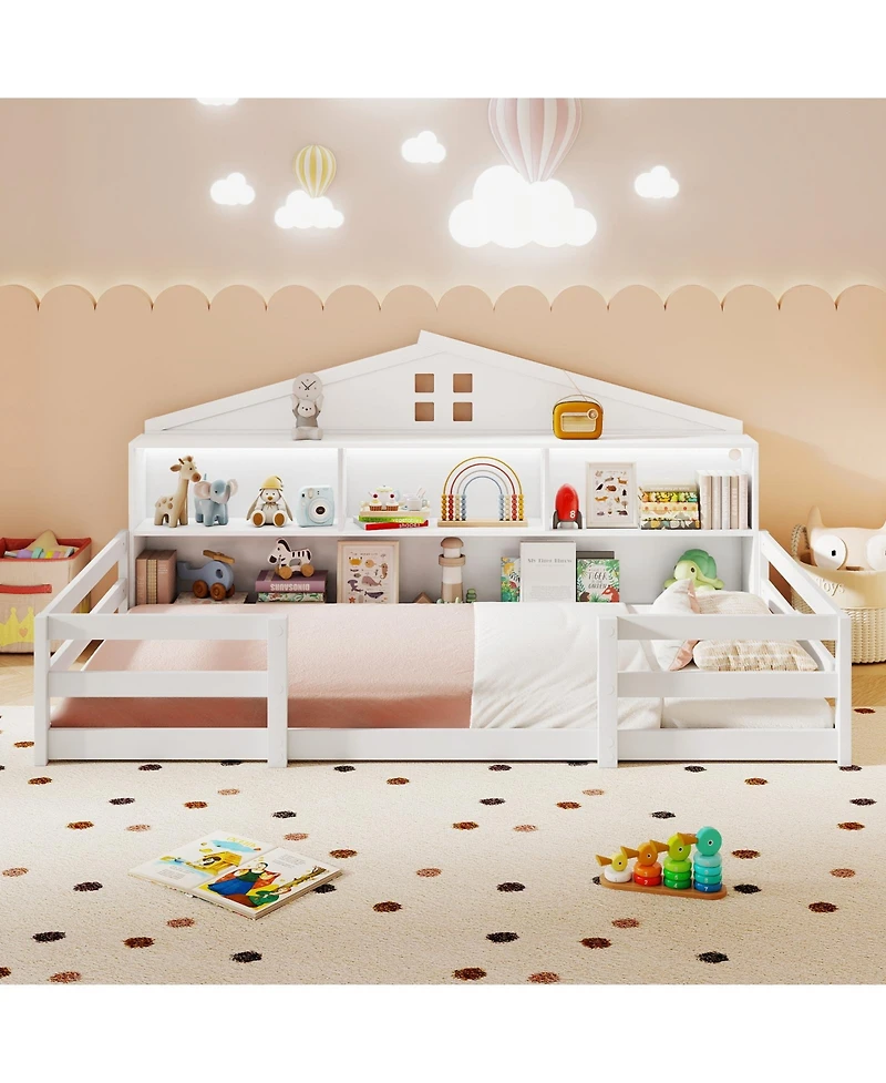 Slickblue Montessori Floor Bed with Storage Shelves and Compartments for Toddler Bedroom