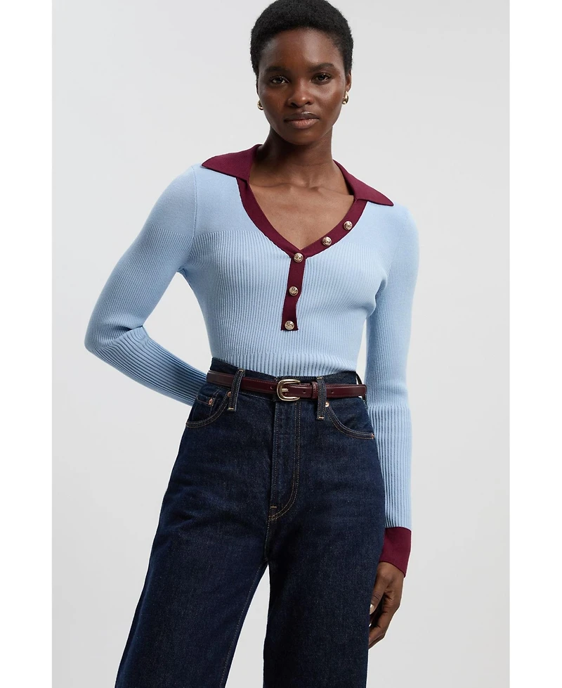 Karen Millen Women's Rib Knit Contrast Hem Collared Top