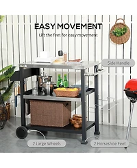 Outsunny Movable Stainless Steel 3-Shelf Outdoor Grill Cart w/ Side Handle