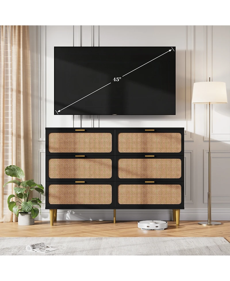 Homfan Modern Rattan 6 Drawer Dresser - Large Double Wooden Chest, Deep Wide Storage Drawers, Top Cabinet for Bedroom, Living Room