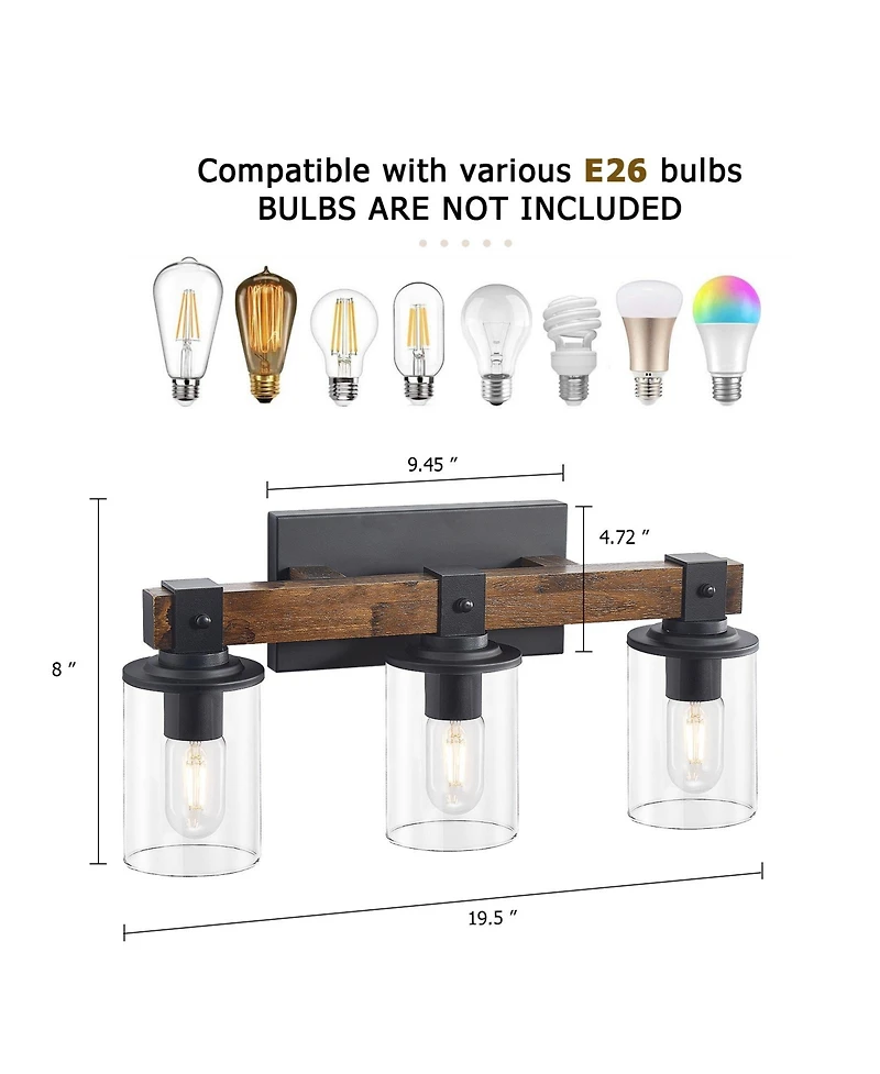 Busdays 3 Light Farmhouse Bathroom Vanity Light Rustic Wood Black Metal Fixture Clear Glass Shades Over Mirror Wall Sconce