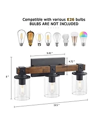 Busdays 3 Light Farmhouse Bathroom Vanity Light Rustic Wood Black Metal Fixture Clear Glass Shades Over Mirror Wall Sconce