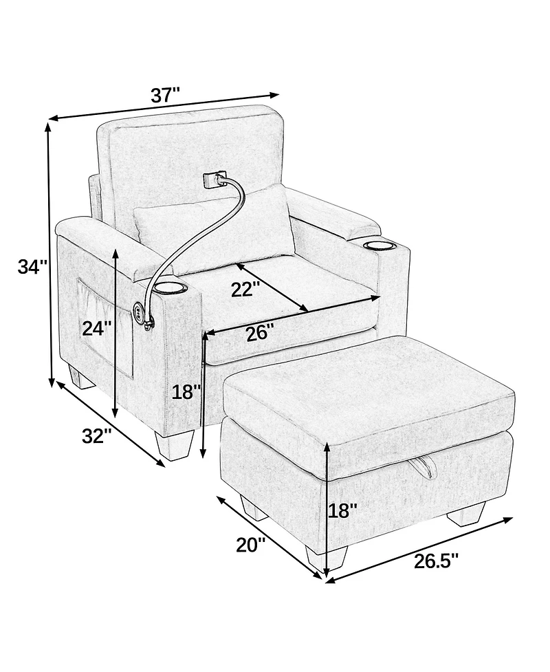 Rainsken Convertible Sleeper Chair and Storage Ottoman Bundle, Modern Chaise Lounge with Usb Port and Phone Stand for Bedroom and Living Room