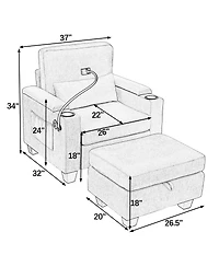 Rainsken Convertible Sleeper Chair and Storage Ottoman Bundle, Modern Chaise Lounge with Usb Port and Phone Stand for Bedroom and Living Room