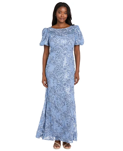 R & M Richards Women's Lace and Sequin Gown with Puff Sleeves Trumpet Skirt