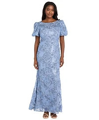 R & M Richards Women's Lace and Sequin Gown with Puff Sleeves Trumpet Skirt