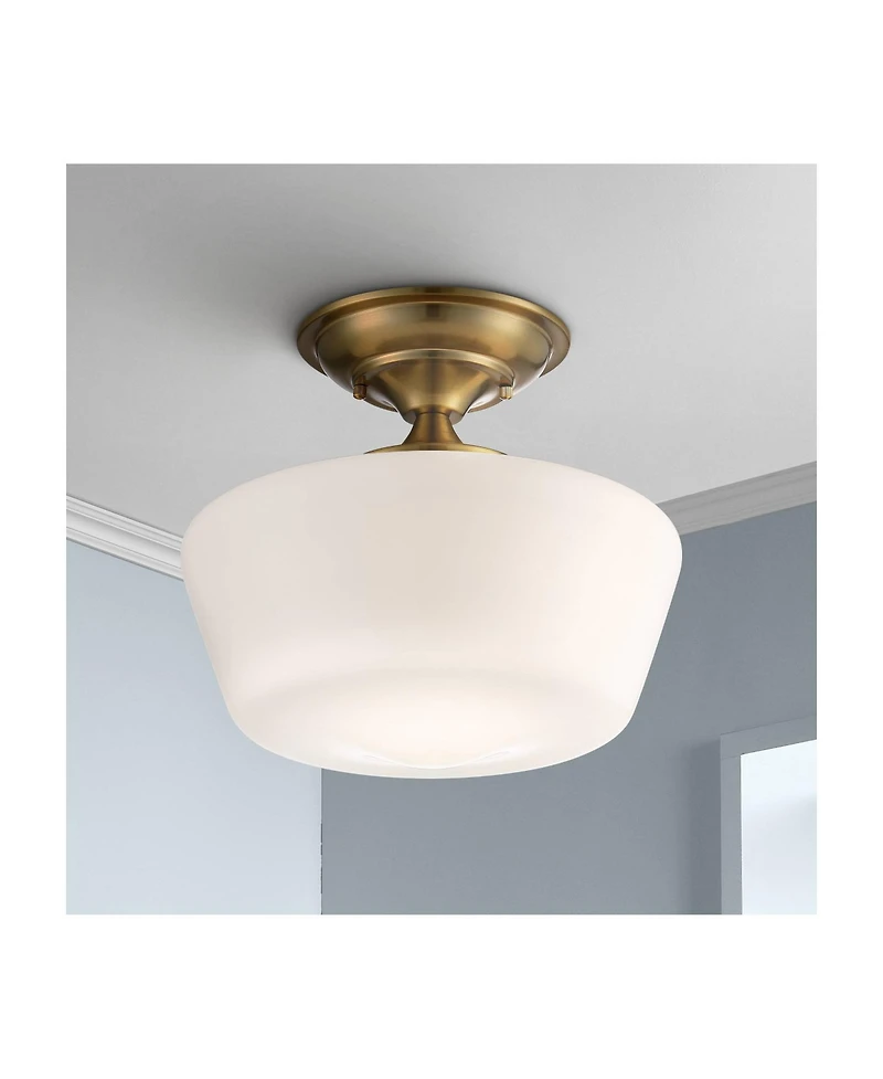 Regency Hill Schoolhouse Rustic Farmhouse Ceiling Light Semi Flush Mount Fixture Set of 2 Soft Gold Metal Opal Glass for Bedroom