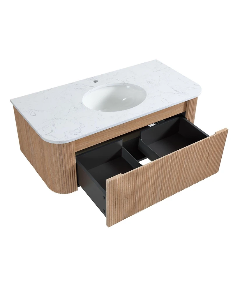 Busdays 42 Inch Wall Mounted Bathroom Vanity with Carrara Artificial Marble Countertop Ceramic Sink Curved Stripe Design Pre Assembled