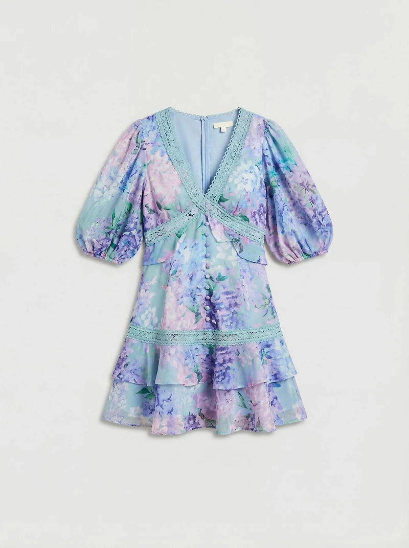 Coast Women's Lace Trim Puff Sleeve Organza Mini Dress
