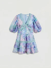 Coast Women's Lace Trim Puff Sleeve Organza Mini Dress