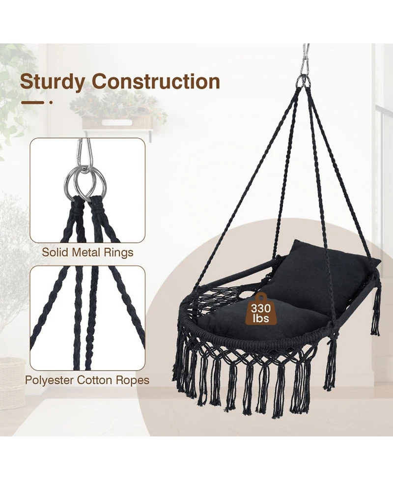 Sugift Macrame Hanging Swing Chair with Two Removable Cushions
