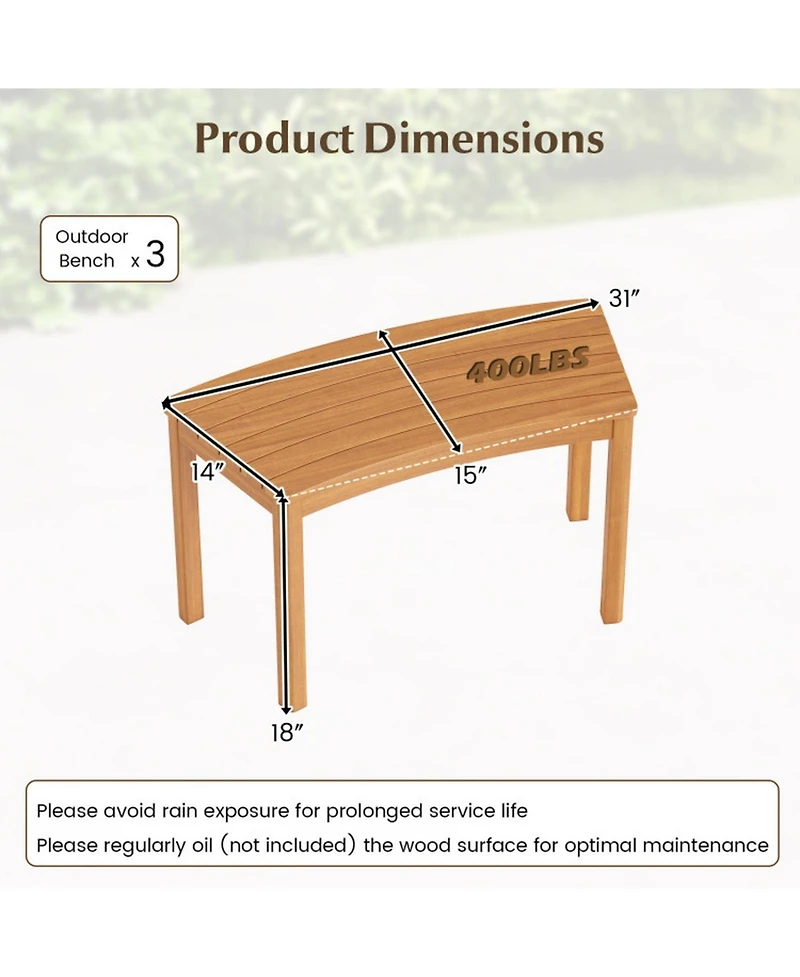 Gouun Outdoor Curved Acacia Wood Backless Bench Set of 2 for Front Porch and Fire Pit