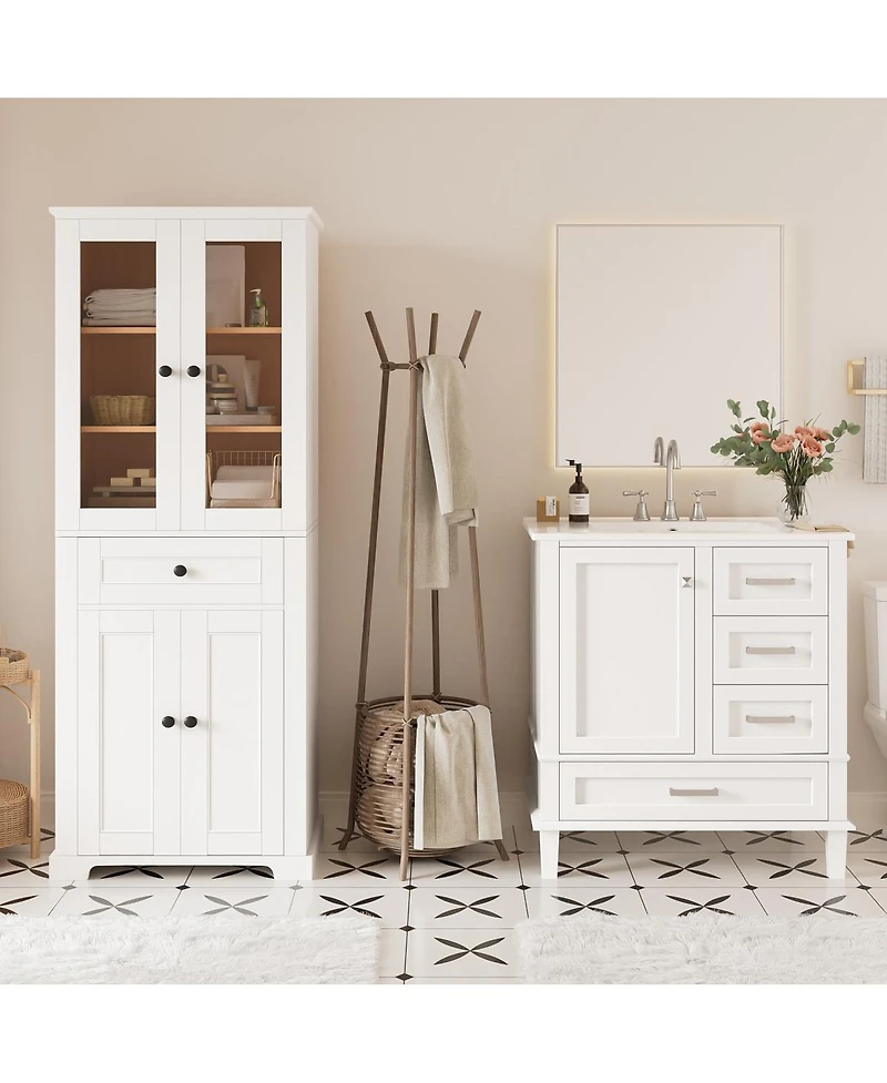 Sillysis 30 Inch Bathroom Vanity Set with Tall Storage Cabinet, Ceramic Sink, Soft Close Drawers for Modern
