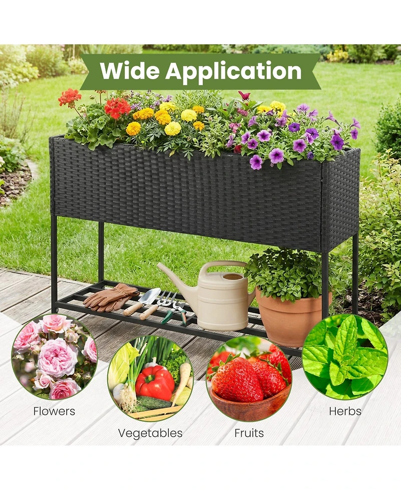 Gymax Elevated Planter Box Raised Garden Bed Rattan Surface Bottom Storage Shelf