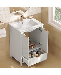 Busdays 24 Inch Bathroom Vanity with Sink Modern Single Hole Faucet Textured Door Panel Drawer Pine Legs Large Storage Soft Close Hinges
