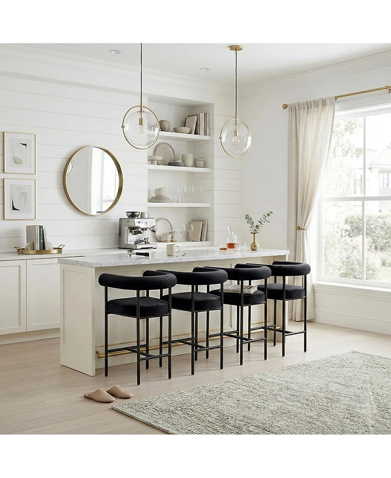 Maison Boucle 24" Velvet Counter Height Stools Set of 4 with Arms, Black Metal Legs